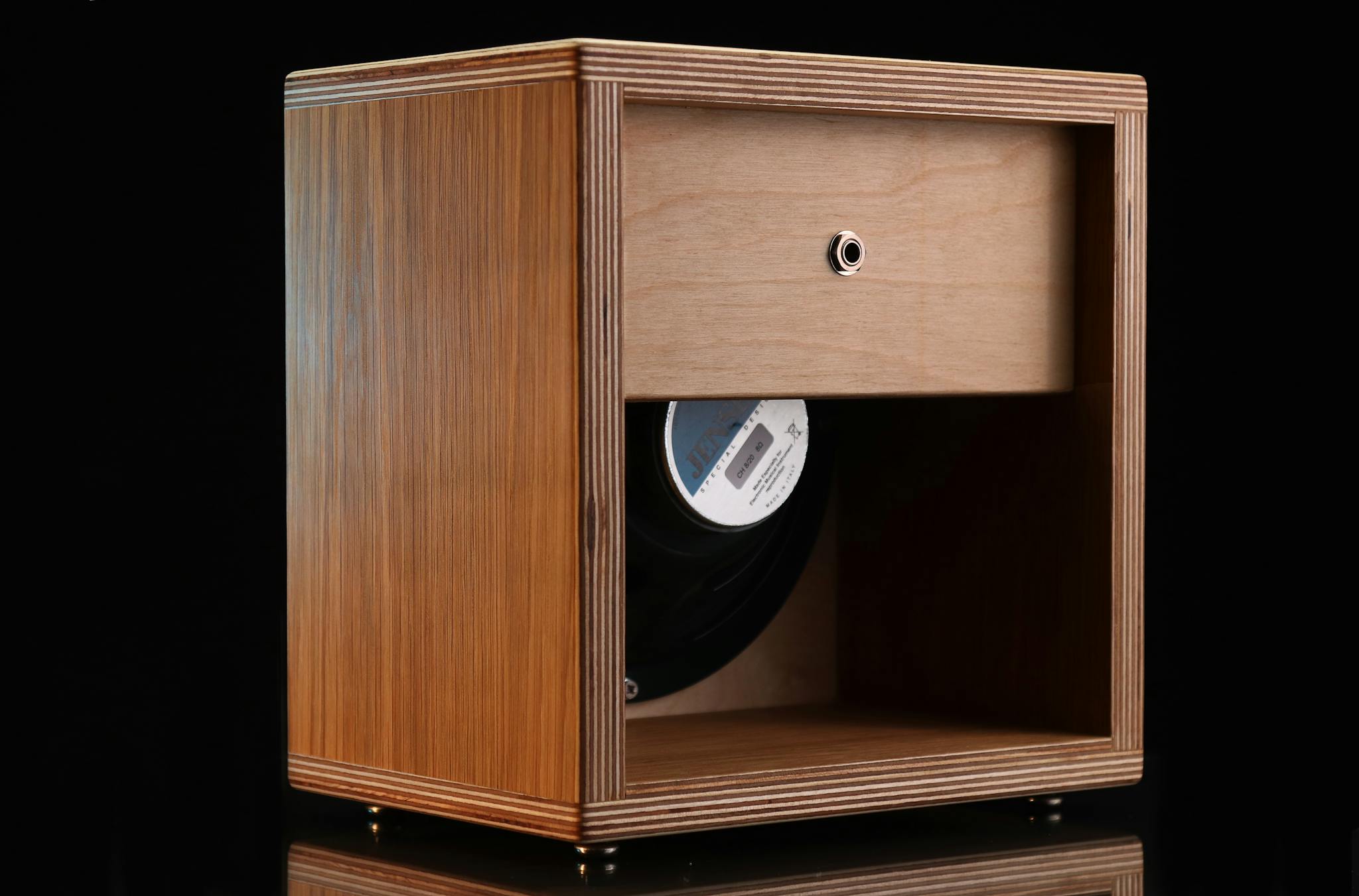 Stylish wooden speaker housing with visible vinyl record showcasing modern design elements.